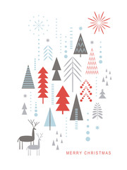 Obraz premium Christmas card . Stylized Christmas deers, snowflakes, forest, Christmas trees