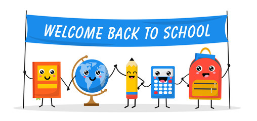 Kawaii Cute Happy Miscellaneous School Supplies Holding Banner With Back To School Text