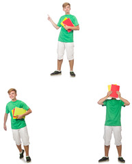 Young student with notes isolated on white