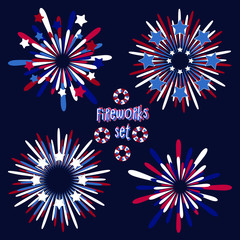 Firework set for national USA holidays such as Independence, Memorial, Labor, Veterans day and other traditional celebrations. Red, blue and white colors, stars and stripes like American flag