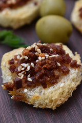 Close up of italian homemade meet or vegetable bruschetti 