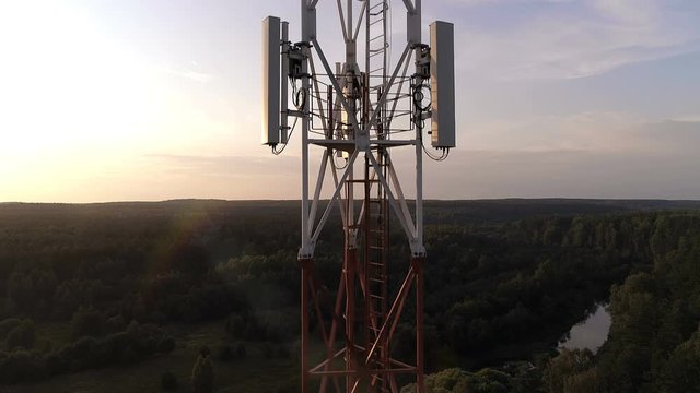 Closeup aerial view of the cellular telecom tower