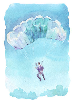 man flying with parachute watercolor