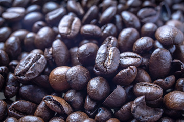 Coffee Beans Background. Close Up fresh roasted brown