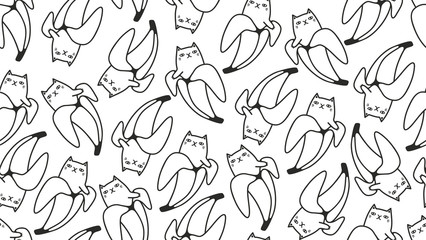 Black and white seamless pattern with cats and tropical fruits.