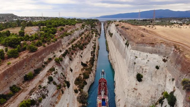 Corinth canal, ship passes a canal, drone shutting, Greece