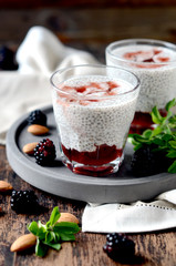 Chia pudding with jam and blackberries