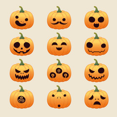 Halloween pumpkins character sets, vector