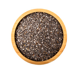 chia seeds in wood bowl on white background