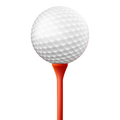 Realistic golf ball on red stand on white background
