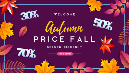 Autumn big sale typography poster with autumn leaves. Nature concept