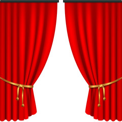 Realistic red curtains with garters on a white background.