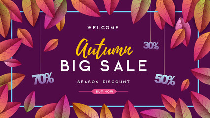 Autumn big sale typography poster with autumn leaves. Nature concept