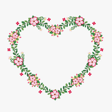 Floral greeting card and invitation template for wedding or birthday anniversary, Vector heart shape of text box label and frame, Azalea flowers wreath ivy style with branch and leaves.