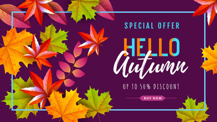 Autumn big sale typography poster with autumn leaves. Nature concept