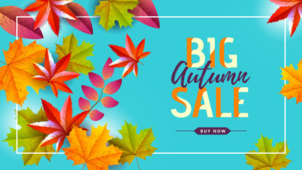 Autumn big sale typography poster with autumn leaves. Nature concept