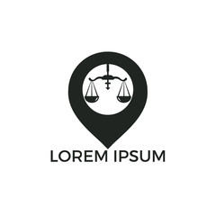 Libra and map pointer logo design. Unique law and pin logotype design template.
