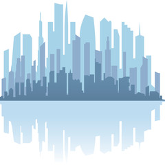 City scene with skyscrapers, downtown and reflections.