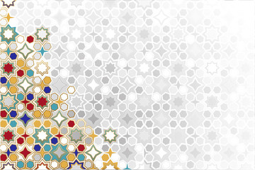 Arabic ornamental Background in color. Islamic ornamental colorful detail of mosaic. arabic, east, indian ornament, persian motif, 3D. simple geometric.Ramadan Kareem gold greeting card, banner.