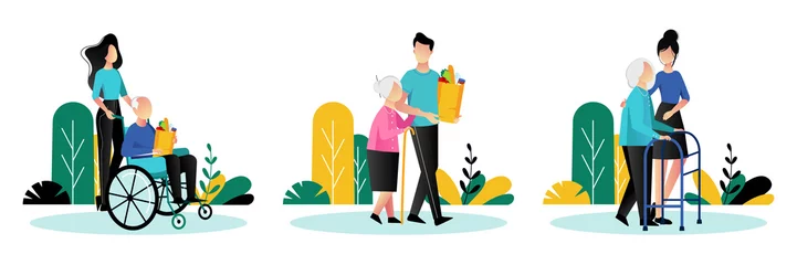 Wall murals Care center Social workers taking care about seniors people. Vector flat cartoon illustration. Volunteer people help elderly people.