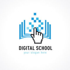 Fototapeta premium Online education logo template. Online learning concept, open book with pixels click cursor, digital element design. E-book, e-library or e-reader technology icon. Vector illustration