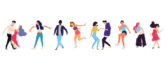 Fototapeta na wymiar Crowd of young people dancing at club. Big set of characters having fun at party. Flat colorful vector illustration.
