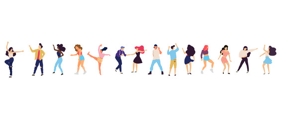 Crowd of young people dancing at club. Big set of characters having fun at party. Flat colorful vector illustration.