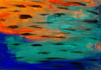Fototapeta na wymiar Green, orange, blue and black watercolor splash background. Paint stains with spots, blots, grains, splashes. Colorful wallpaper.