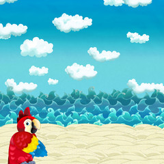 Cartoon scene of beach near the sea or ocean with happy parrot - illustration for children