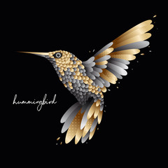 Flying golden hummingbird bird isolated vector illustration with golden feathers and wings