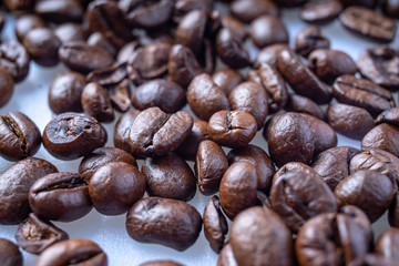 Coffee Beans Background. Close Up fresh roasted brown