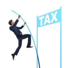 Businessman jumping over tax in tax evasion avoidance concept