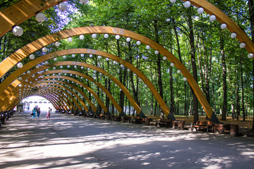 wooden decorative gallery in Sokolniki public Park Moscow Russia