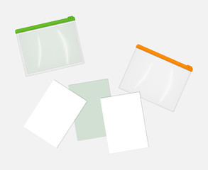 Realistic clear plastic zip envelope bags with blank A4 paper sheets, vector mockup. Transparent PVC file jackets, mock-up. Zipper document holder cases, template