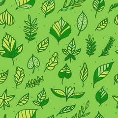 Vector Seamless pattern Green leaf hand drawn texture background. Nature eco abstract surface design