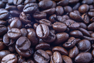 Coffee Beans Background. Close Up fresh roasted brown