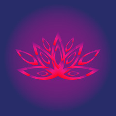 Stylized Lotus flower on dark background. Bright red neon shades. Symbol or logo for your design and decoration.