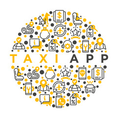 Taxi app concept in circle thin line icons: payment method, promocode, app settings, info, support service, phone number, location, route, destination, airport transfer, baby seat. Vector illustration