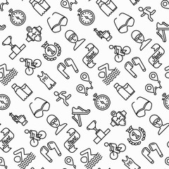 Naklejka premium Triathlon seamless pattern with thin line icons: runner, swimmer, cycling race, stopwatch, starting, gun, sport glasses, start, victory, success. Modern vector illustration.