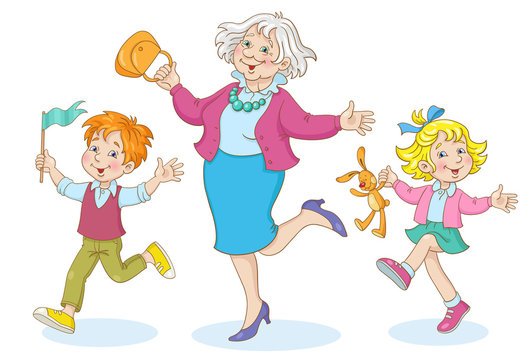 Happy grandmother and grandchildren are dancing. In cartoon style. Isolated on white background.