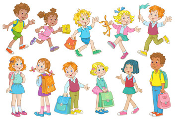 A group of cheerful schoolchildren in various poses. In cartoon style. Isolated on white background.
