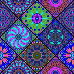 Seamless patchwork pattern with mandalas in ethnic style. Colorful print for fabric.