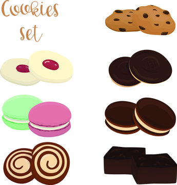 Vector set of different cookie types, simple cartoon design elements.