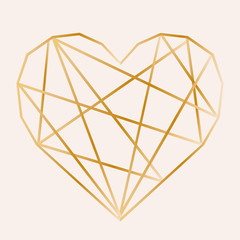 Golden heart made of geometric lines on a pink background