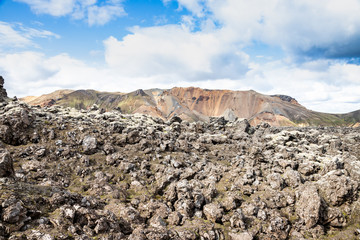 Landmannalaugar beautiful scenic nature landscape. Various volcanic minerals and lava formations. Colorful mountains in Iceland