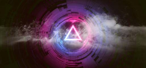 Smoke Sci Fi Gate Portal Neon Glowing Triangle Circle Gradient Purple Blue Retro Alien Spaceship Reflective Motherboard Texture Chip Empty Background Spaceship 3D Rendering