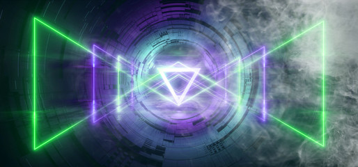 Smoke Studio Sci Fi Neon Glowing Triangle Sphere Circle Gate Portal  Gradient Green Purple Retro Alien Spaceship Reflective Motherboard Texture Chip Empty Background Spaceship 3D Rendering