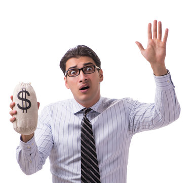 Young businessman with money sack isolated on white background