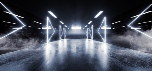 Smoke Sci Fi Futuristic Neon Lights Arrow Shape Hall Dark Empty Underground Tunnel Corridor Stairs Signs Lights Blue Glowing  Empty Reflective Grunge Concrete Modern 3D Rendering