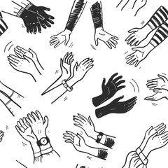 Vector seamless pattern with illustration of applause hand drawn doodle human hands clapping isolated on white background. For cards, banners, posters, placards, flayers, package design etc.